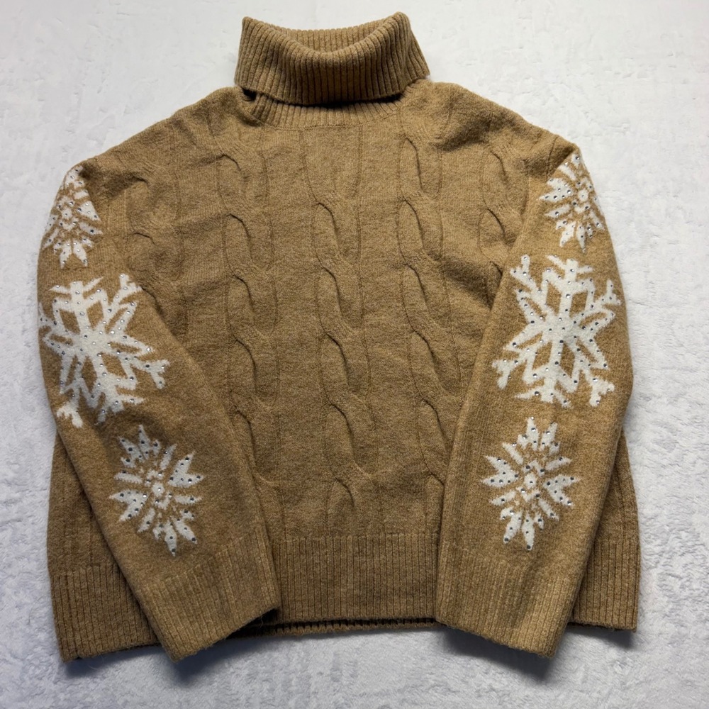 Cable Knit Snowflake Sweater XL Camel Rhinestone Turtleneck Womens CeCe